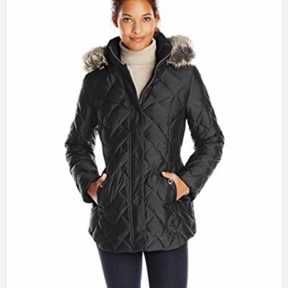 Anne Klein Women's Black Quilted Jacket with Faux Fur Removable Hood. Small